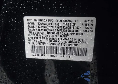 2013 Honda Pilot Touring z USA, uszkodzony, nr VIN 5FNYF4H92DB061417